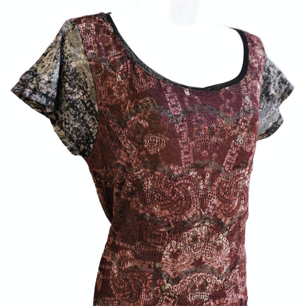 Custo Barcelona Dress Mesh Overlay Burnout Psychedelic Short Sleeve Back Tie L
